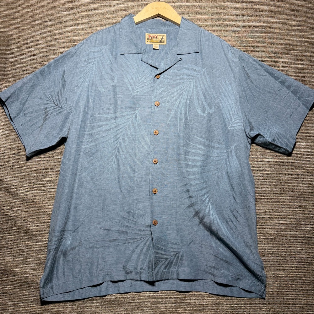 Tiki Classics Shirt Mens L Blue Palm Leaf SS Camp Collar Silk Hawaiian Aloha